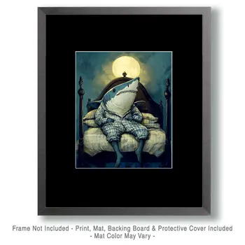 Shark Sitting in Bed - Bedroom Art Prints – 8″x10″ Artwork in 11″x14″ Mat