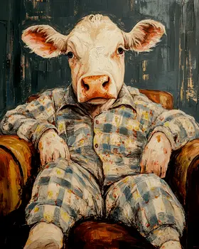 Cow in Lounge Chair - Bedroom Art Prints – 8″x10″ Artwork in 11″x14″ Mat