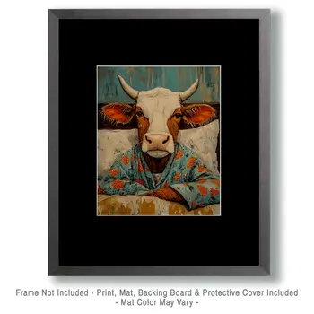 Cow in Bed - Bedroom Art Prints – 8″x10″ Artwork in 11″x14″ Mat