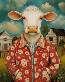 Folk Art Style Cow in Pajamas - Bedroom Art Prints – 8″x10″ Artwork in 11″x14″ Mat