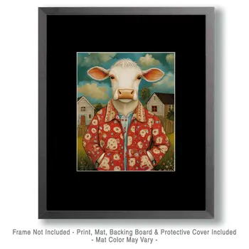 Folk Art Style Cow in Pajamas - Bedroom Art Prints – 8″x10″ Artwork in 11″x14″ Mat