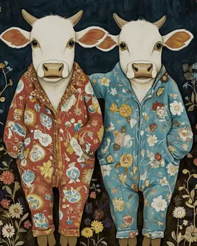 Two Cows in Pajamas - Bedroom Art Prints – 8″x10″ Artwork in 11″x14″ Mat