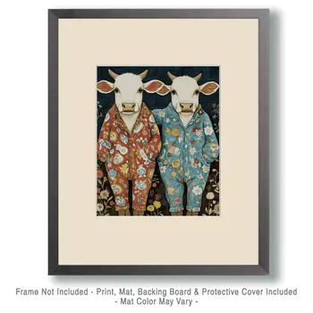 Two Cows in Pajamas - Bedroom Art Prints – 8″x10″ Artwork in 11″x14″ Mat