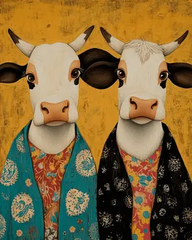 A Pair of Cows in Pajamas - Bedroom Art Prints – 8″x10″ Artwork in 11″x14″ Mat
