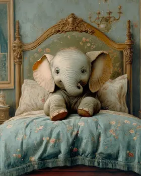 Baby Elephant in Bed - Bedroom Art Prints – 8″x10″ Artwork in 11″x14″ Mat