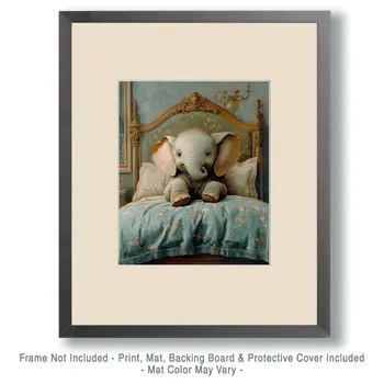 Baby Elephant in Bed - Bedroom Art Prints – 8″x10″ Artwork in 11″x14″ Mat
