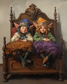 Two Elves in Bed - Bedroom Art Prints – 8″x10″ Artwork in 11″x14″ Mat
