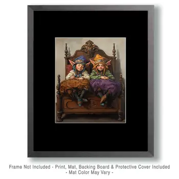 Two Elves in Bed - Bedroom Art Prints – 8″x10″ Artwork in 11″x14″ Mat