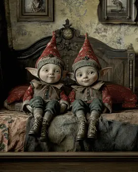 Two Elves Sitting in Bed - Bedroom Art Prints – 8″x10″ Artwork in 11″x14″ Mat