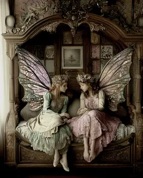 Two Fairies Telling Secrets - Bedroom Art Prints – 8″x10″ Artwork in 11″x14″ Mat