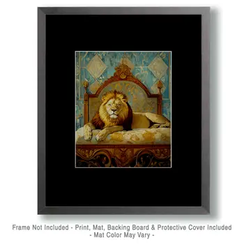 Lion in Bed - Bedroom Art Prints – 8″x10″ Artwork in 11″x14″ Mat