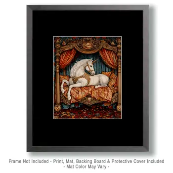 Unicorn in Bed - Bedroom Art Prints – 8″x10″ Artwork in 11″x14″ Mat