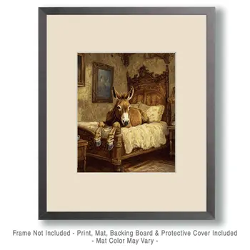 Donkey Relaxing in Bed - Bedroom Art Prints – 8″x10″ Artwork in 11″x14″ Mat