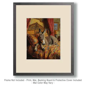 Donkey Lounging in Bed - Bedroom Art Prints – 8″x10″ Artwork in 11″x14″ Mat