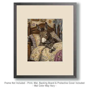 Donkey Sleeping in Bed - Bedroom Art Prints – 8″x10″ Artwork in 11″x14″ Mat