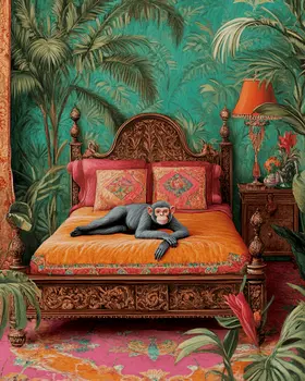 Monkey Laying on Bed - Bedroom Art Prints – 8″x10″ Artwork in 11″x14″ Mat