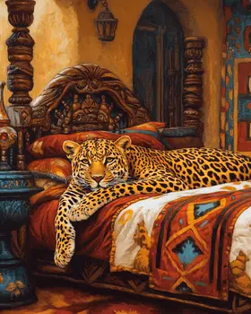 Lazy Jaguar in Bed - Bedroom Art Prints – 8″x10″ Artwork in 11″x14″ Mat