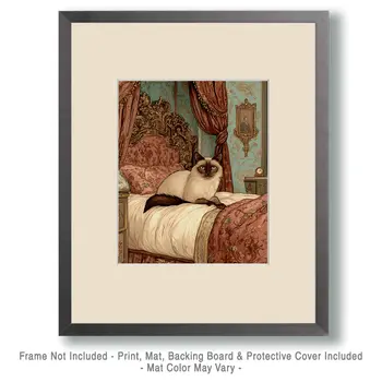 Siamese Cat Laying on Bed - Bedroom Art Prints – 8″x10″ Artwork in 11″x14″ Mat