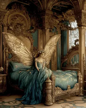 Fairy Sitting on Bed - Bedroom Art Prints – 8″x10″ Artwork in 11″x14″ Mat