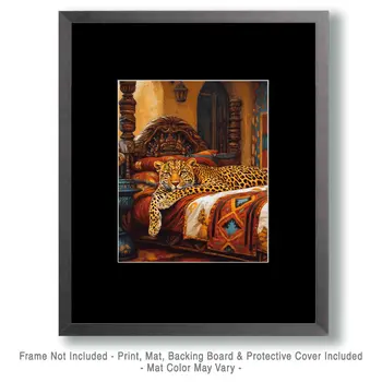 Lazy Jaguar in Bed - Bedroom Art Prints – 8″x10″ Artwork in 11″x14″ Mat