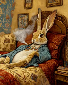 Rabbit in Bed Smoking - Bedroom Art Prints – 8″x10″ Artwork in 11″x14″ Mat