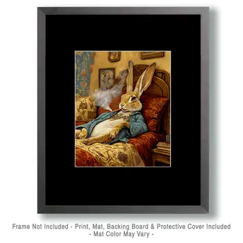 Rabbit in Bed Smoking - Bedroom Art Prints – 8″x10″ Artwork in 11″x14″ Mat