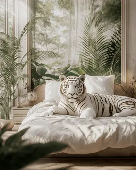 White Tiger in Bed - Bedroom Art Prints – 8″x10″ Artwork in 11″x14″ Mat