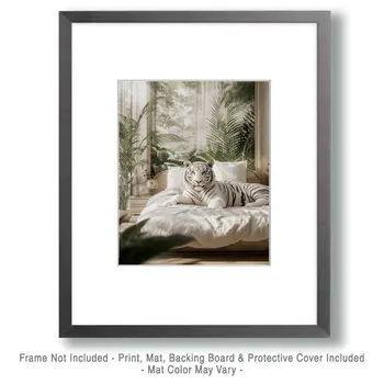 White Tiger in Bed - Bedroom Art Prints – 8″x10″ Artwork in 11″x14″ Mat