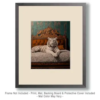 White Tiger Lounging on Bed - Bedroom Art Prints – 8″x10″ Artwork in 11″x14″ Mat