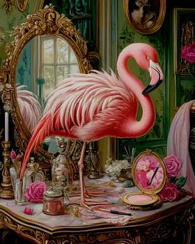Flamingo Putting on Makeup - Bedroom Art Prints – 8″x10″ Artwork in 11″x14″ Mat