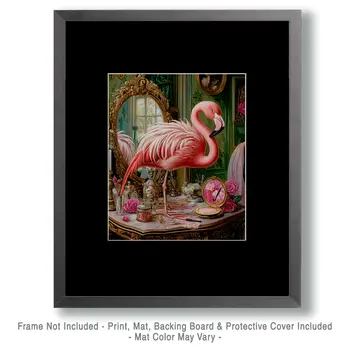 Flamingo Putting on Makeup - Bedroom Art Prints – 8″x10″ Artwork in 11″x14″ Mat