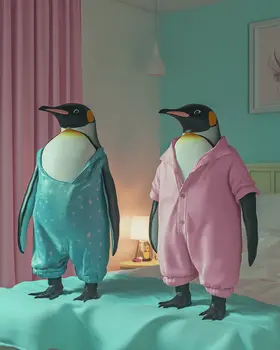 Two Penguins in Pajamas - Bedroom Art Prints – 8″x10″ Artwork in 11″x14″ Mat
