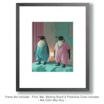 Two Penguins in Pajamas - Bedroom Art Prints – 8″x10″ Artwork in 11″x14″ Mat