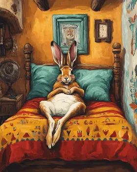 Jackrabbit on Bed - Bedroom Art Prints – 8″x10″ Artwork in 11″x14″ Mat