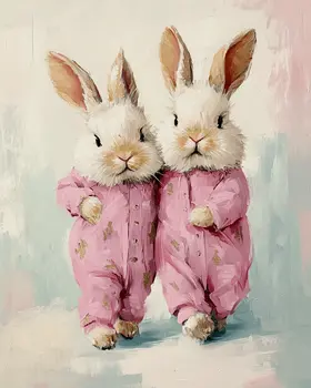 Two Determined Bunnies in Pajamas Running - Bedroom Art Prints – 8″x10″ Artwork in 11″x14″ Mat