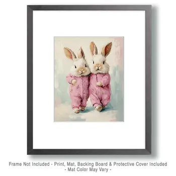 Two Determined Bunnies in Pajamas Running - Bedroom Art Prints – 8″x10″ Artwork in 11″x14″ Mat