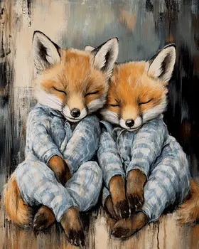 Two Fox Cubs in Pajamas - Bedroom Art Prints – 8″x10″ Artwork in 11″x14″ Mat