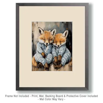 Two Fox Cubs in Pajamas - Bedroom Art Prints – 8″x10″ Artwork in 11″x14″ Mat