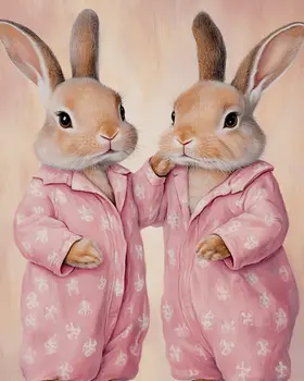 A Pair of Bunnies in Pajamas Art - Bedroom Art Prints – 8″x10″ Artwork in 11″x14″ Mat