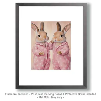 A Pair of Bunnies in Pajamas Art - Bedroom Art Prints – 8″x10″ Artwork in 11″x14″ Mat