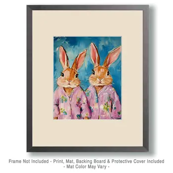 Two Rabbits in Pajamas - Bedroom Art Prints – 8″x10″ Artwork in 11″x14″ Mat