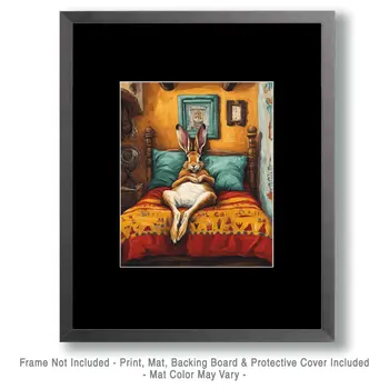 Jackrabbit on Bed - Bedroom Art Prints – 8″x10″ Artwork in 11″x14″ Mat