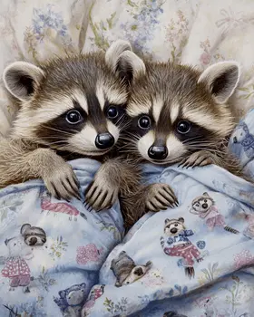 Two Raccoons in Pajamas - Bedroom Art Prints – 8″x10″ Artwork in 11″x14″ Mat