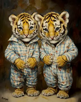 Two Tiger Cubs in Pajamas - Bedroom Art Prints – 8″x10″ Artwork in 11″x14″ Mat