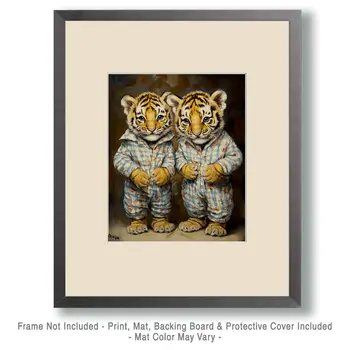 Two Tiger Cubs in Pajamas - Bedroom Art Prints – 8″x10″ Artwork in 11″x14″ Mat