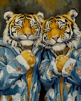 Two Tigers in Pajamas - Bedroom Art Prints – 8″x10″ Artwork in 11″x14″ Mat