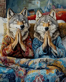 Two Wolves in Pajamas Praying - Bedroom Art Prints – 8″x10″ Artwork in 11″x14″ Mat