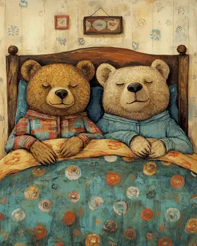 Two Bear in Pajamas in Bed - Bedroom Art Prints – 8″x10″ Artwork in 11″x14″ Mat