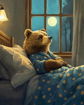 Bear Awake in Bed - Bedroom Art Prints – 8″x10″ Artwork in 11″x14″ Mat