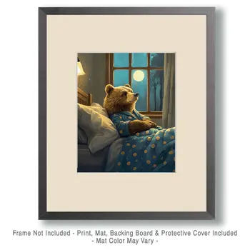 Bear Awake in Bed - Bedroom Art Prints – 8″x10″ Artwork in 11″x14″ Mat